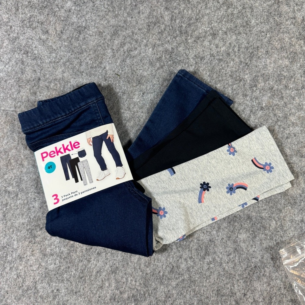 Pekkle Kids 3 Pack Pants Leggings Jeggings 4T Navy Black Grey Rainbow Floral NEW